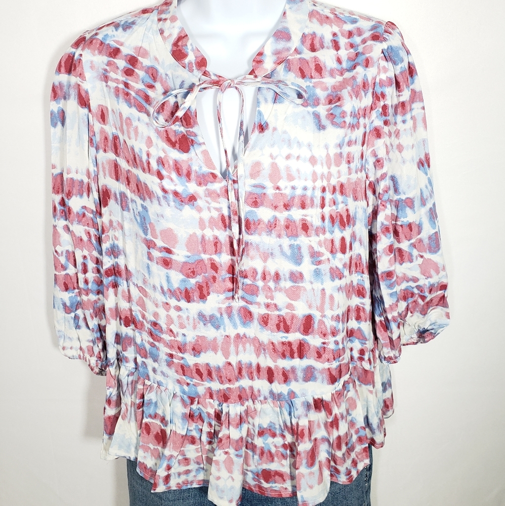 Boho Tie Dye Top Size M Blouse Blue and Pi…